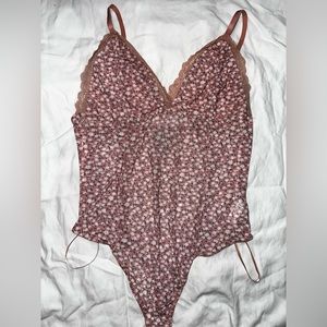 Revamped pink floral lace / mesh bodysuit
